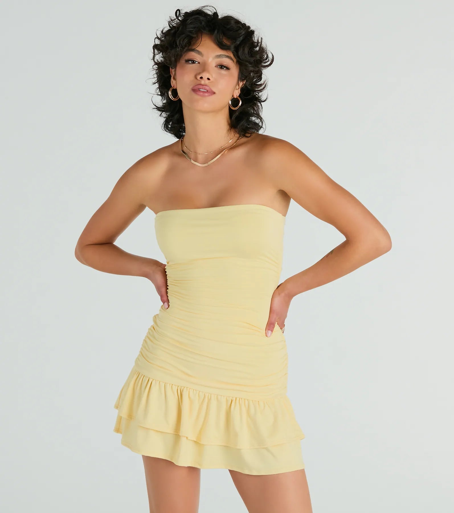 Here Comes The Sun Strapless Ruffle Mini Dress Chic Halter Mini Dress