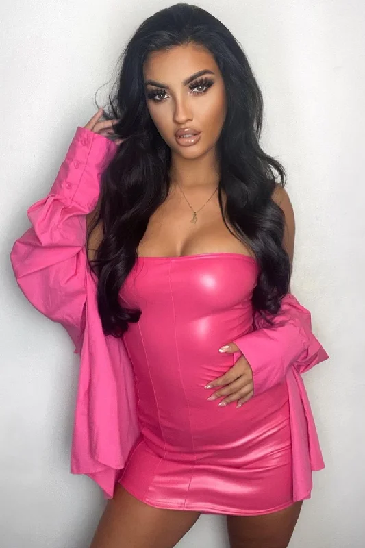 Hot Pink Corset Seam PU Mini Dress - Kyla Fashionable Lace Mini Dress