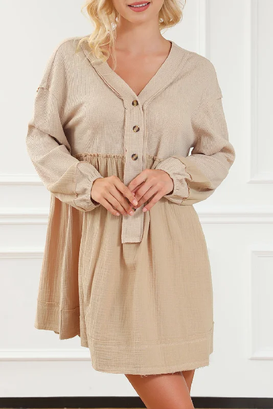 Khaki Waffle Crinkle Patchwork Raw Seam Mini Dress Casual High-Waist Mini Dress