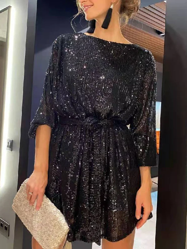 Long Sleeve Round Neck Belted Loose Sequin Mini Dress Fashionable Pleated Mini Dress