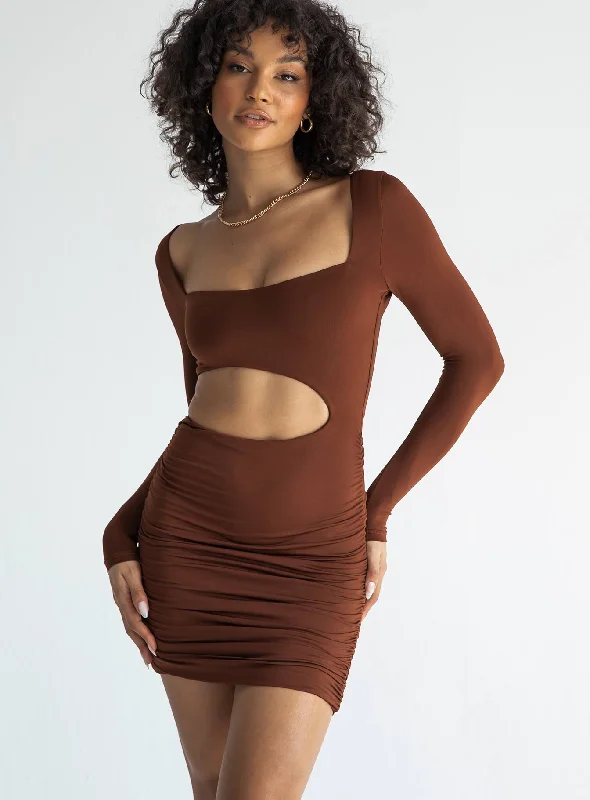 Maddox Mini Dress Brown Comfortable Off-Shoulder Mini Dress