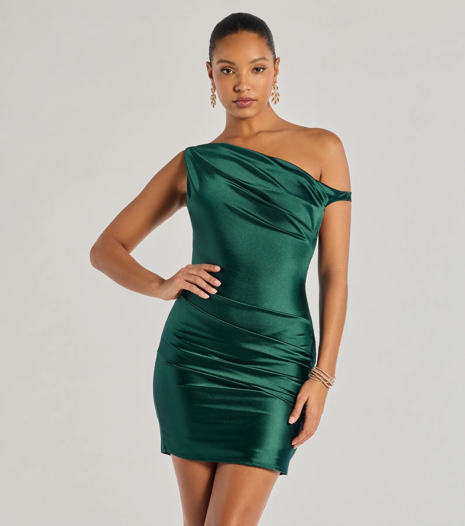 Marleigh Satin Off-Shoulder Mini Dress Comfortable Zip-Up Mini Dress