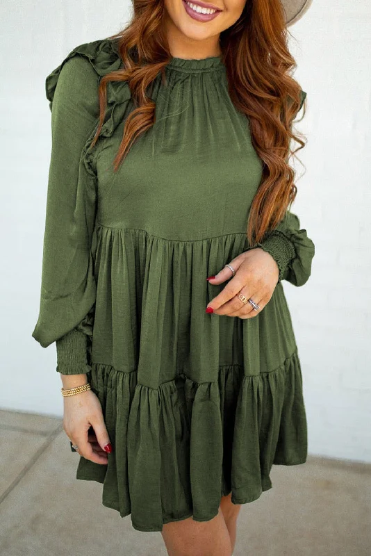Moss Green Ruffled High Waist Long Sleeve Mini Dress Trendy Denim Mini Dress