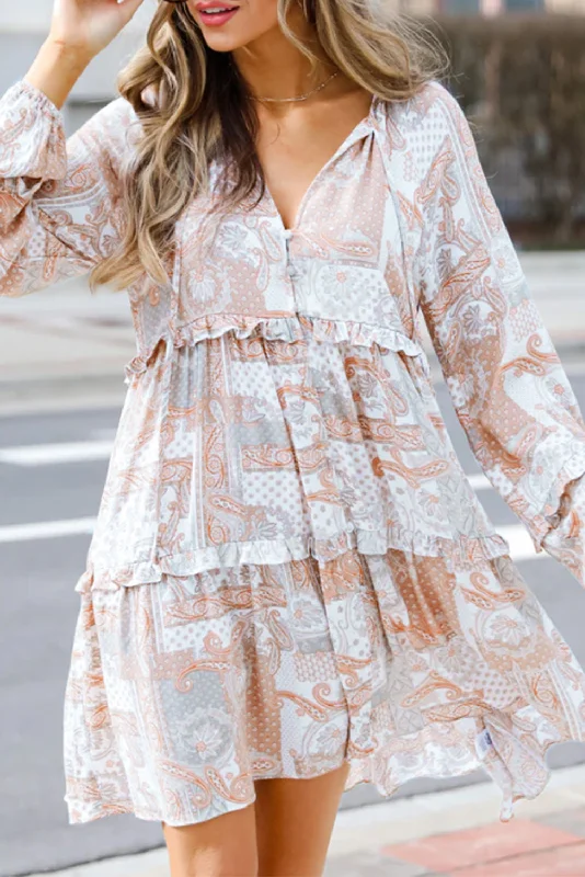 Multicolor Boho Print Long Sleeve Tiered Frilled Mini Dress Fashionable A-Line Mini Dress