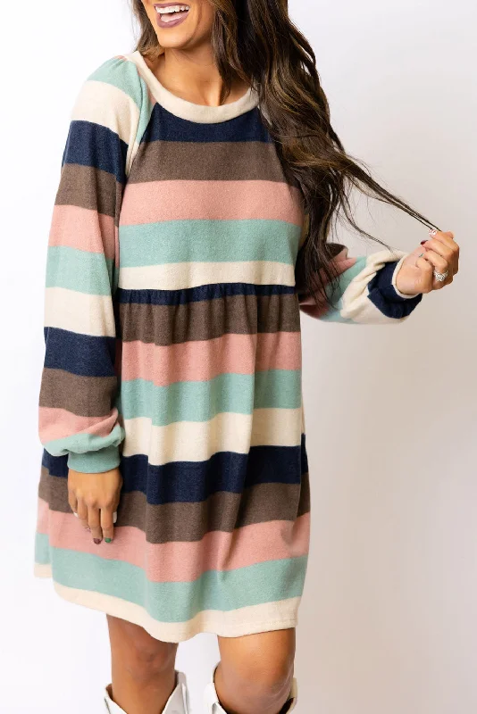 Multicolor Striped Color Block Long Sleeve Mini Dress Chic Bohemian Mini Dress