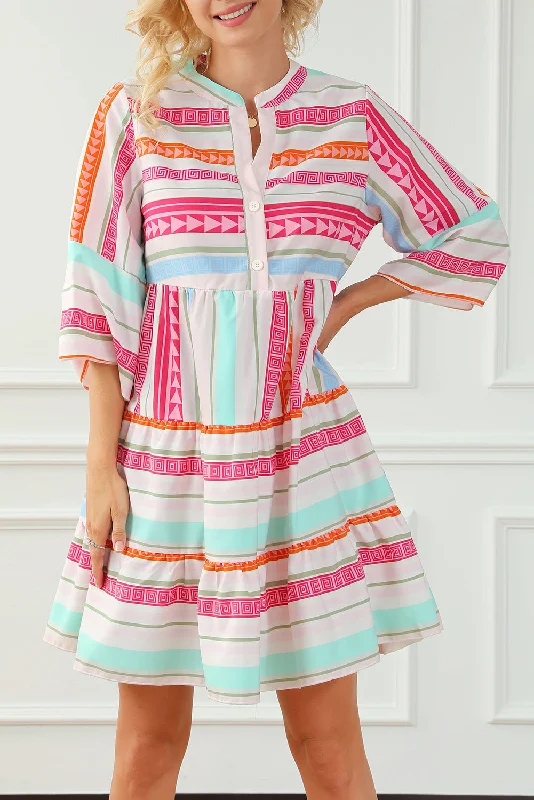 Multicolour Boho Geometric Print Bracelet Sleeve Buttoned Mini Dress Elegant Sequin Mini Dress