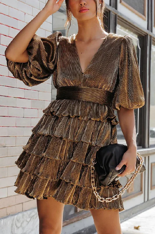 Mystic Goddess Metallic Tiered Mini Dress Cozy Satin Mini Dress