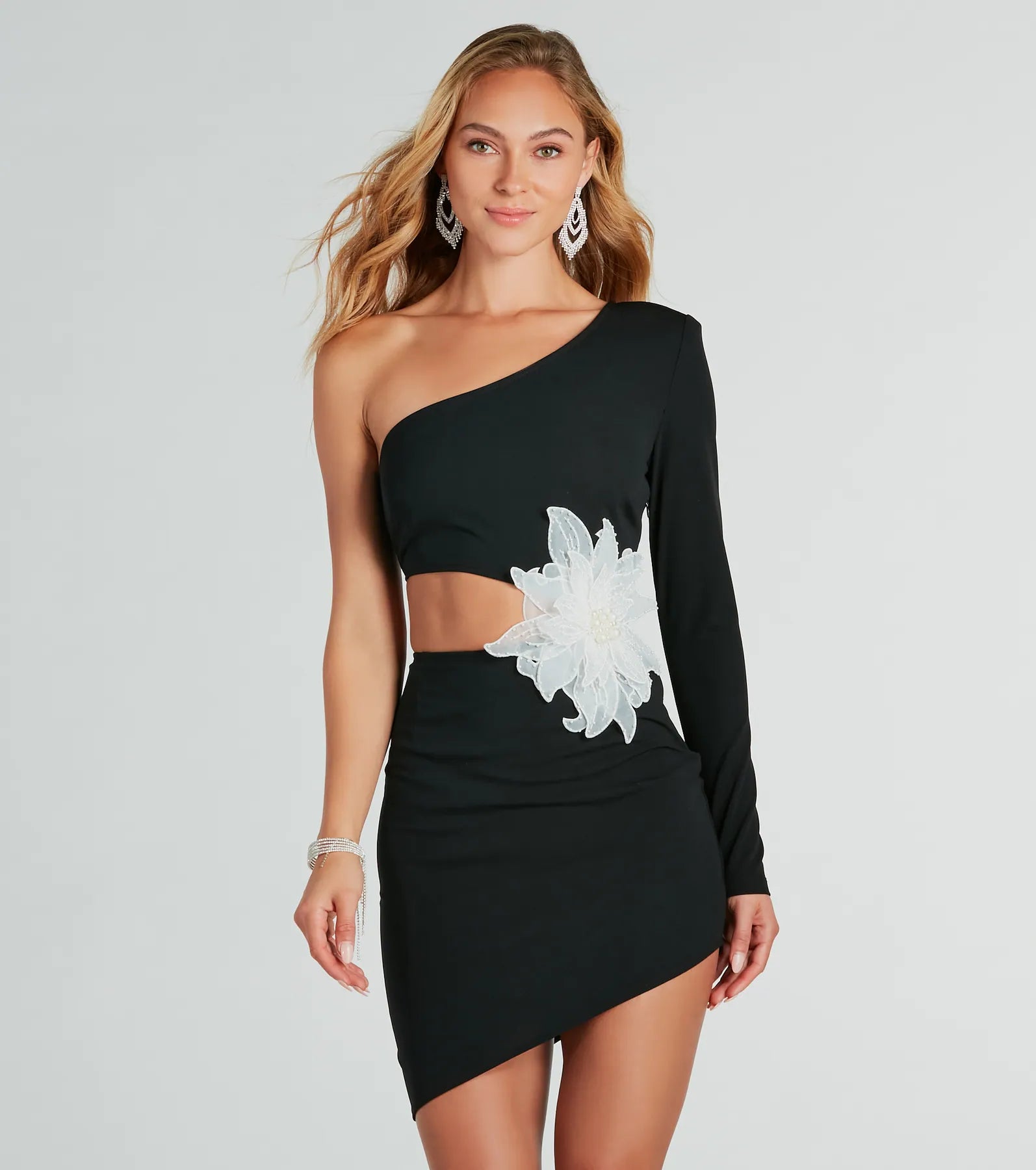 Naya One Shoulder Flower Applique Mini Dress Elegant Off-Shoulder Dress Mini
