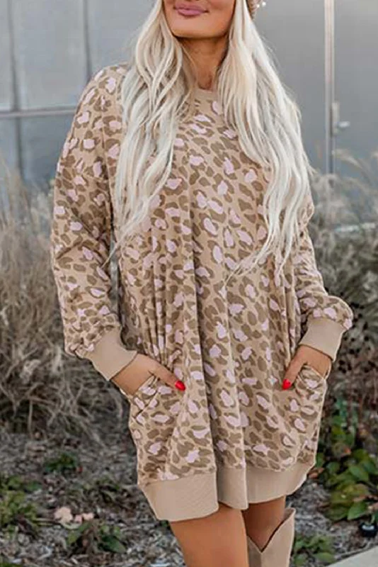 Parchment Leopard Print Side Pockets Long Sleeve Mini Dress Trendy Tie-Dye Mini Dress