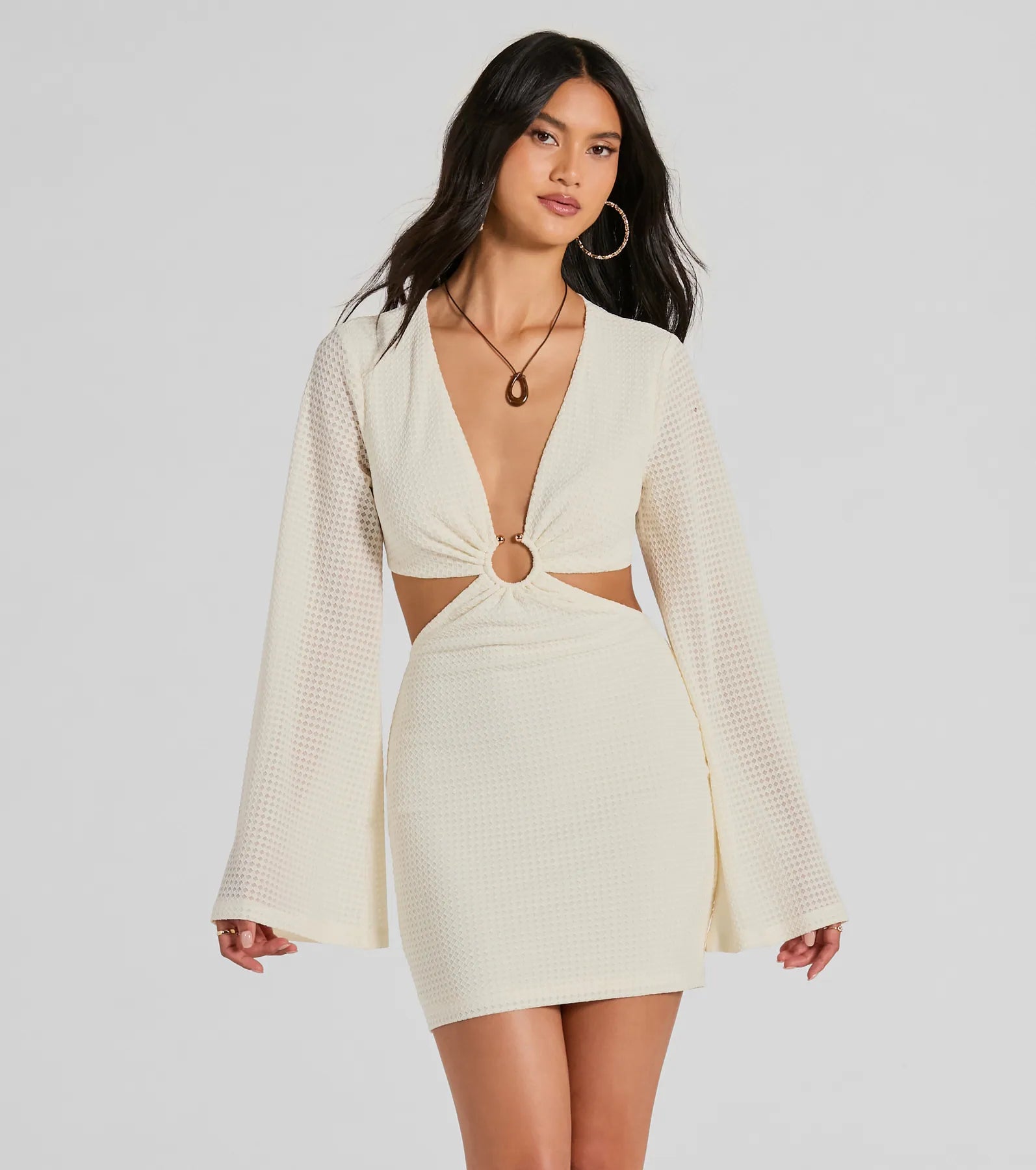 Perfect Vacation Long Sleeve V-Neck Cutout Mini Dress Stylish Sweetheart Mini Dress