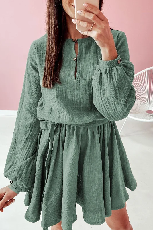 Pickle Green Button Neck Puff Sleeve Belted Pleated Mini Dress Trendy Button-Detail Mini Dress