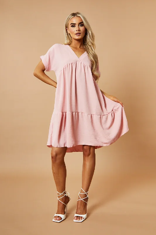 Pink V-Neck Tiered Frill Mini Dress - Kate Elegant Lace Mini Dress