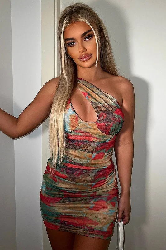 Red Mesh Print Side Strap Ruched Mini Dress - Seden Fashionable Boho-Chic Mini Dress