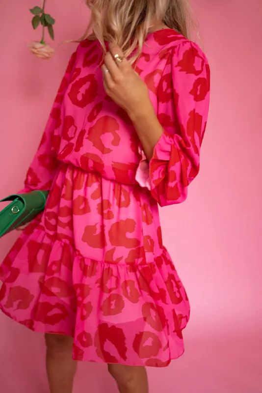 Rose Leopard Print Flounce Sleeve Ruffle Mini Dress Cozy Cotton Mini Dress