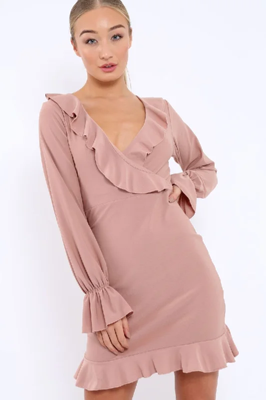 Rose Wrap Mini Dress with Frills - Maleigh Chic Halter Mini Dress
