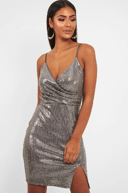Silver Metallic Wrap Front Bodycon Mini Dress - Garnett Casual High-Waist Mini Dress