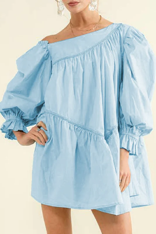 Sky Blue Exquisite Trim Puff Sleeve Asymmetric Swing Mini Dress Elegant Lace-Up Mini Dress