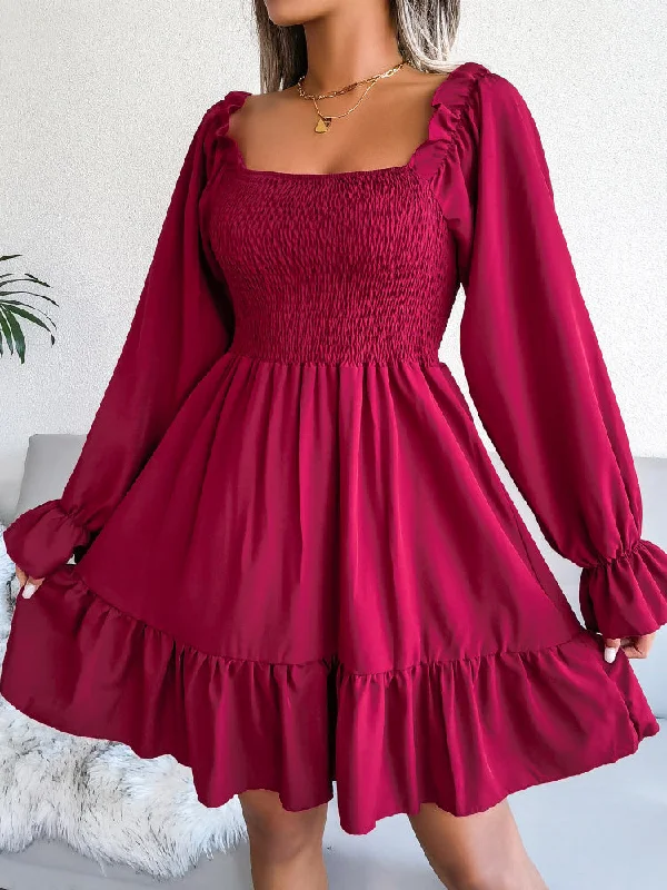 Square Neck Long Sleeve Solid Flared Mini Dress Cozy Satin Mini Dress