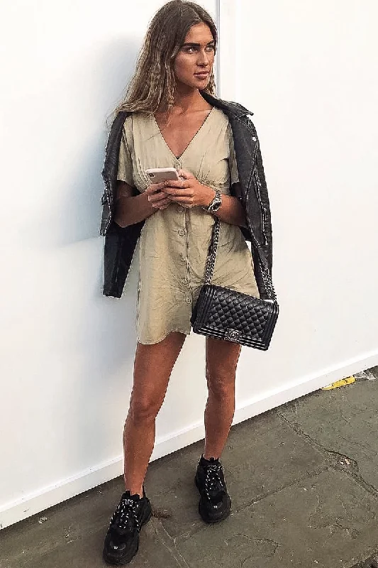 Stone Woven Plunge Button Front Mini Dress - Alyx Casual V-Neck Mini Dress