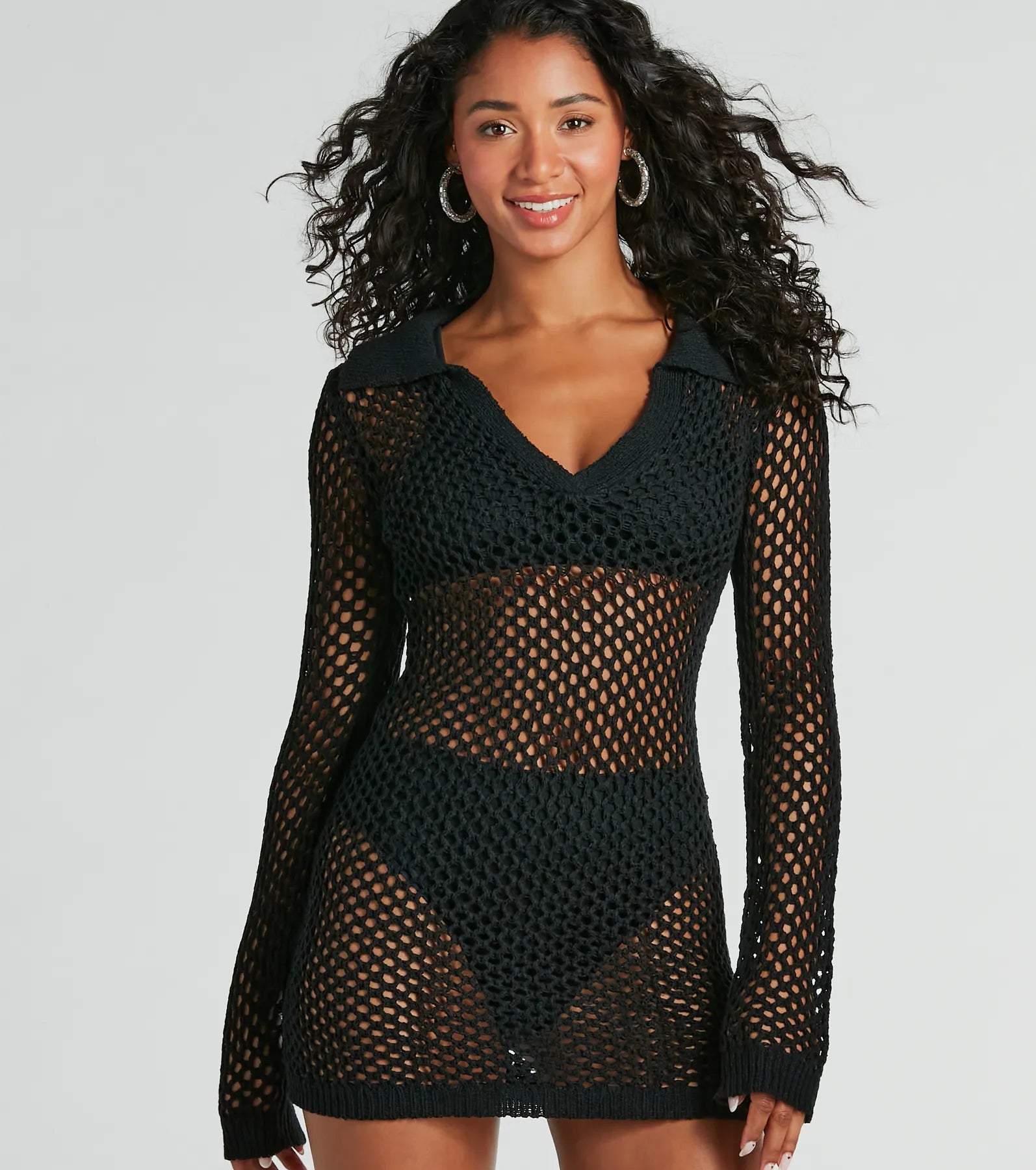Strolls On The Beach V-Neck Crochet Mini Dress Cozy T-Shirt Mini Dress