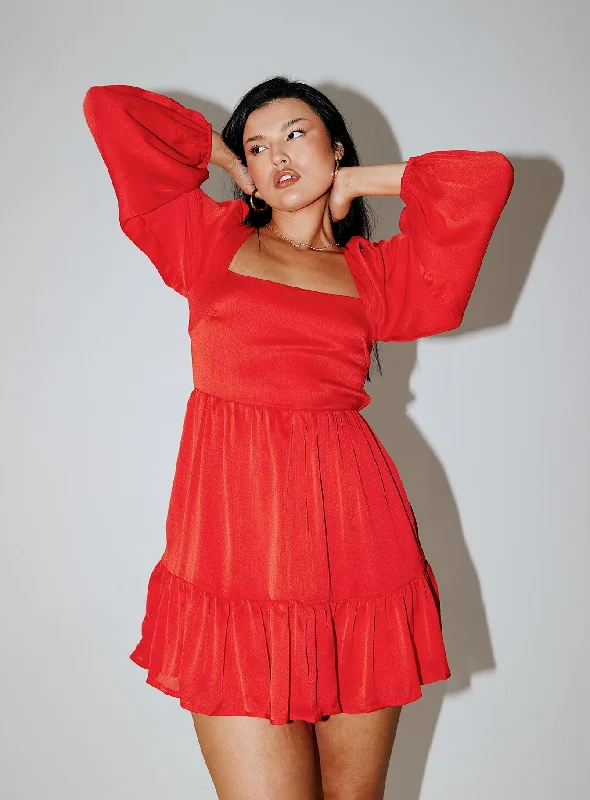 Tropez Long Sleeve Mini Dress Red Fashionable Lace-Trim Mini Dress