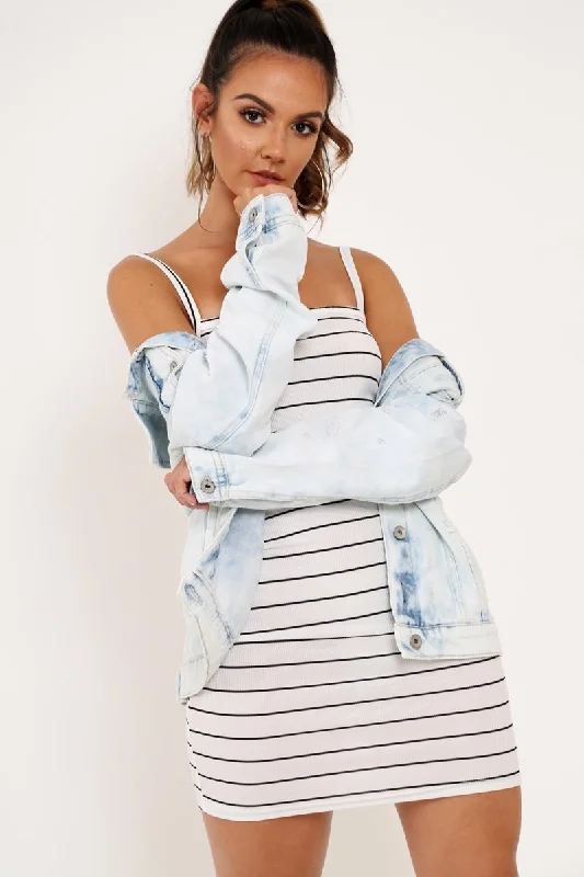 White Black Stripe Cami Bodycon Mini Dress - Edeline Fashionable Off-Shoulder Mini Dress