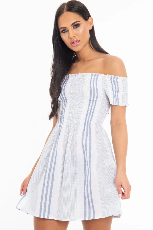 White Blue Stripe Shirred Bardot Woven Mini Dress - Artemis Cozy Ruched Mini Dress