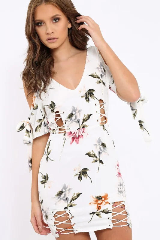White Floral Cold Shoulder Lace Up Mini Dress - Roxina Classic Shift Mini Dress
