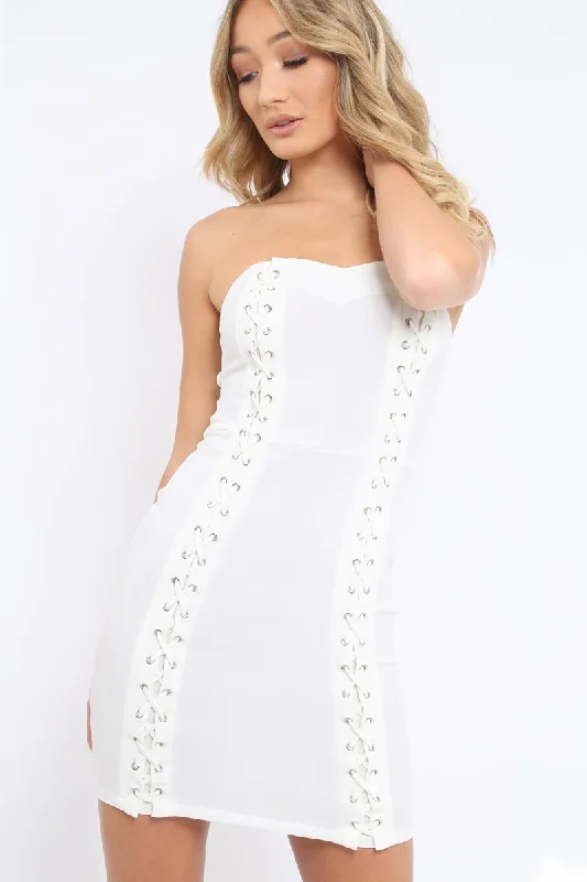 White Lace Up Front Bandeau Mini Dress - Lily Trendy Camisole Mini Dress