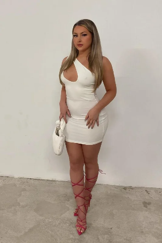 White One Shoulder Asymmetric Slinky Mini Dress - Elm Trendy Cut-Out Mini Dress