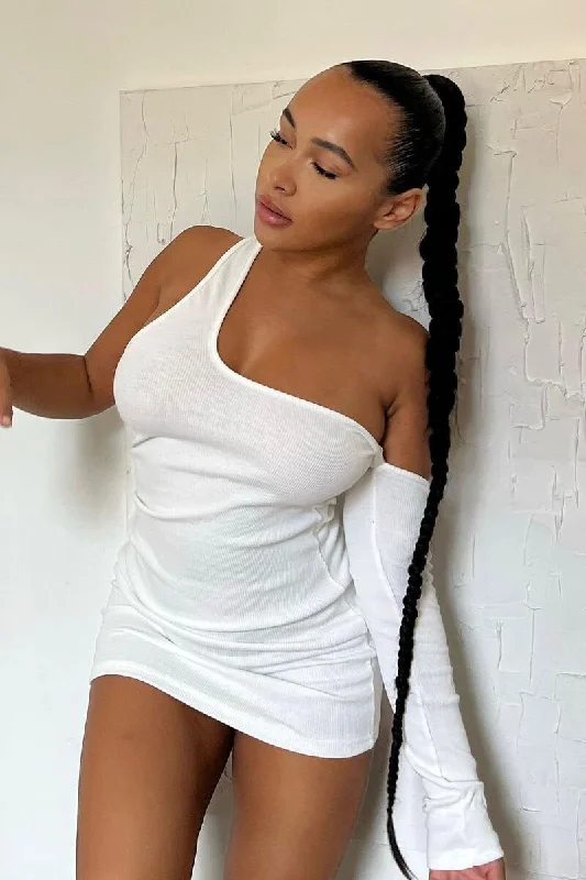 White Rib One Sleeve Asymmetric Mini Dress - Nola Stylish Sweetheart Neck Mini Dress