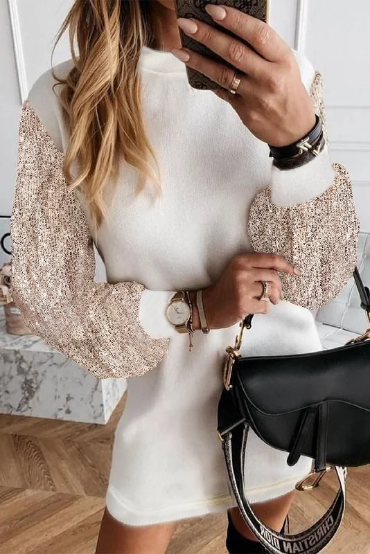 White Sequin Puff Sleeve Shift Mini Dress Fashionable Off-Shoulder Mini Dress