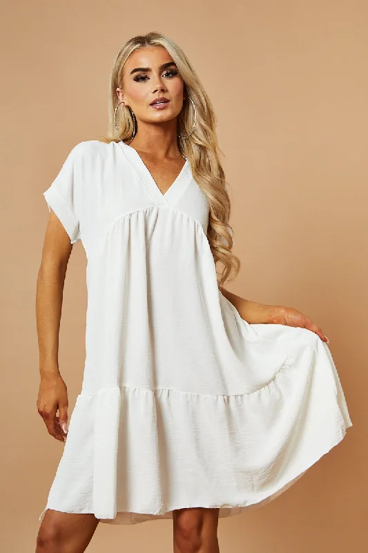 White V-Neck Tiered Frill Mini Dress - Kate Elegant Tulle Mini Dress