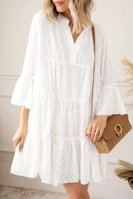 White Wavy Striped Bracelet Sleeve Tiered Mini Dress Cozy Wraparound Mini Dress