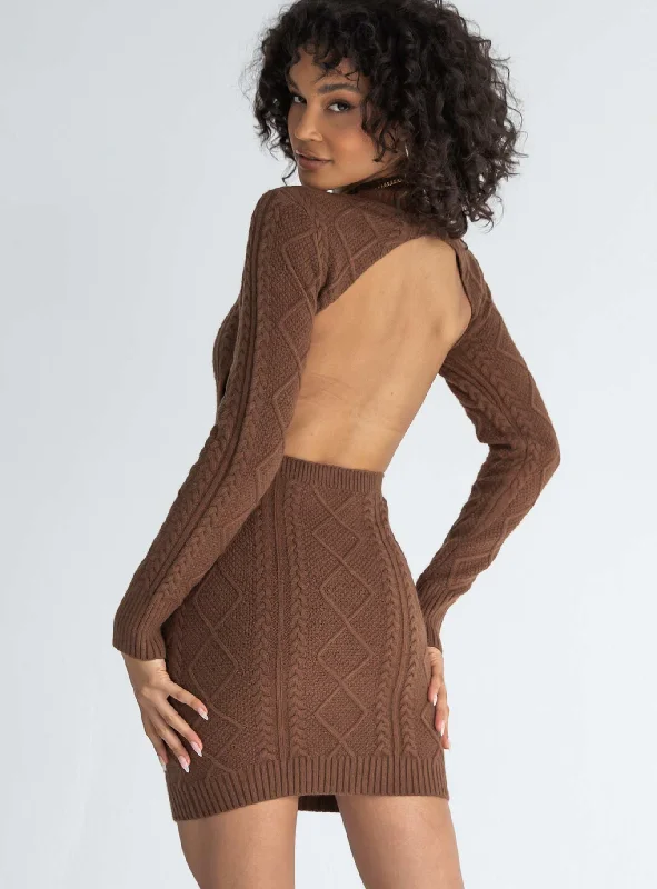 Zion Long Sleeve Mini Dress Brown Trendy Crossover Mini Dress